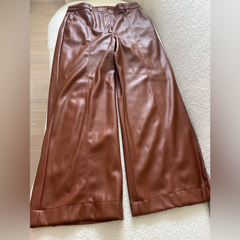 Dynamite Tan vegan leather wide leg pants in a tan colour. Unlined.